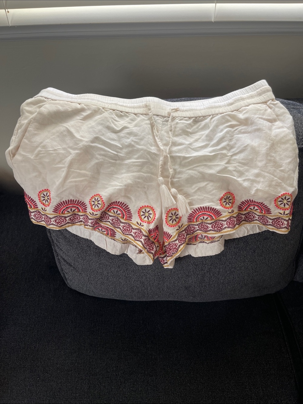 LOFT White Embroidered Tassel Drawstring Shorts with Pink & Red Trim